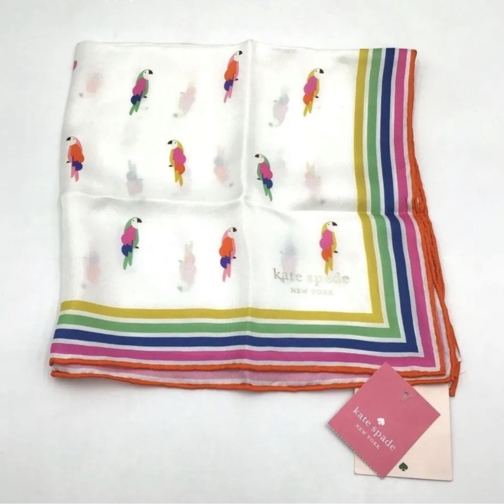 NWT Kate Spade Women's White 'Flock Party Bandana' Scarf %100 silk
